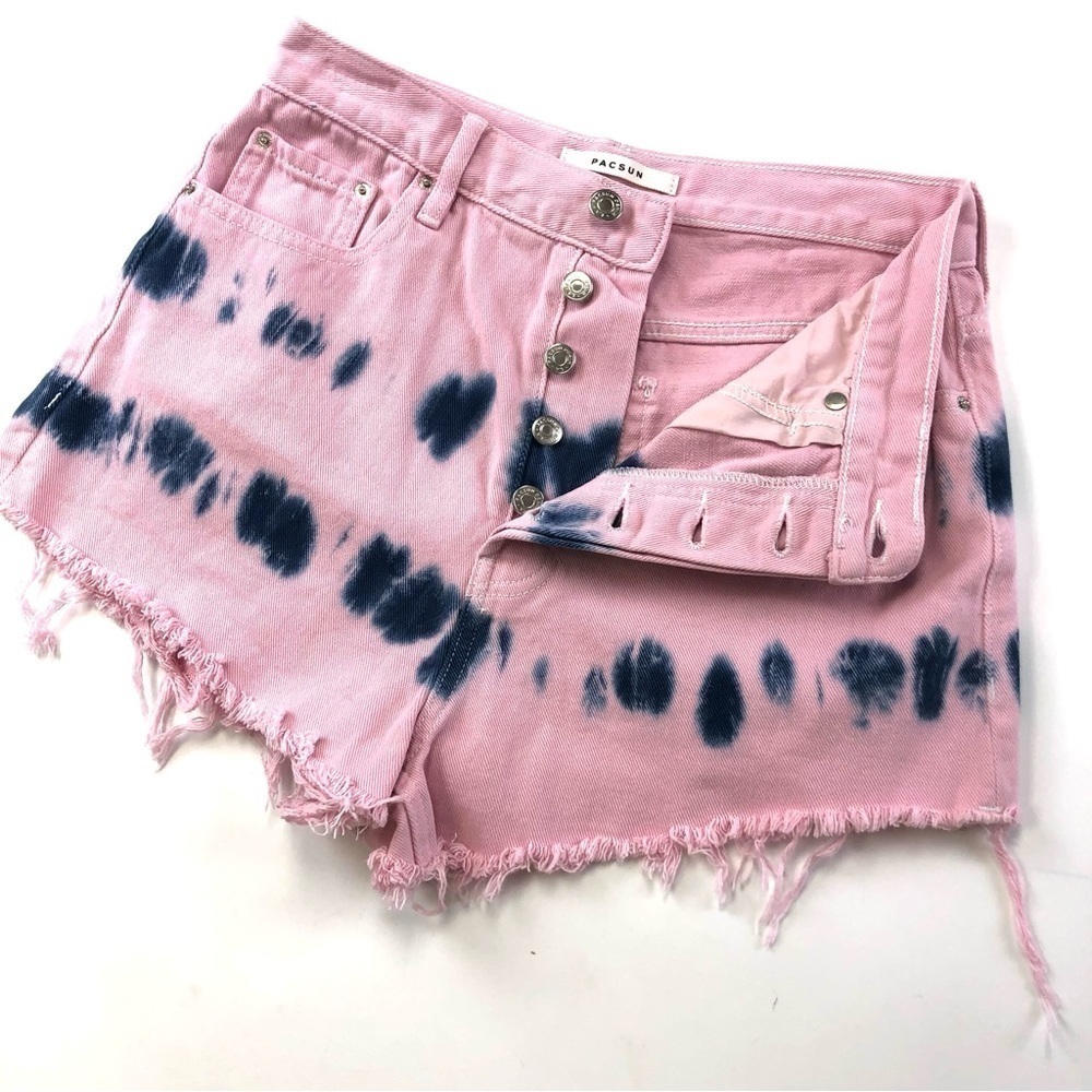 Pacsun pink blue tie dye marbled ultra high rise buttonfly cutoffs Size 28”